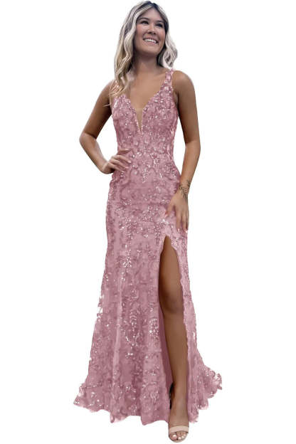 V-neck Backless Mermaid Long Sequined Prom Dress with Slit