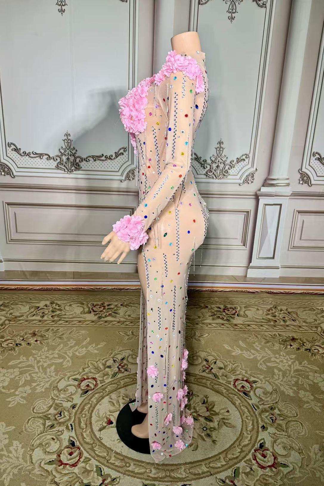 Long Sleeve Tulle Slit Prom Dress with Flower and Rhinestones-babyonlines