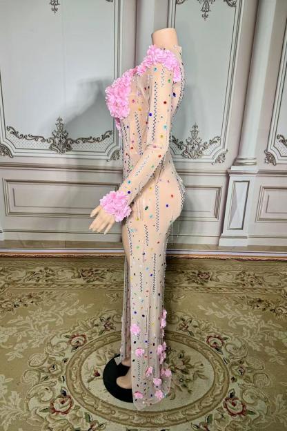 Long Sleeve Tulle Slit Prom Dress with Flower and Rhinestones-babyonlines