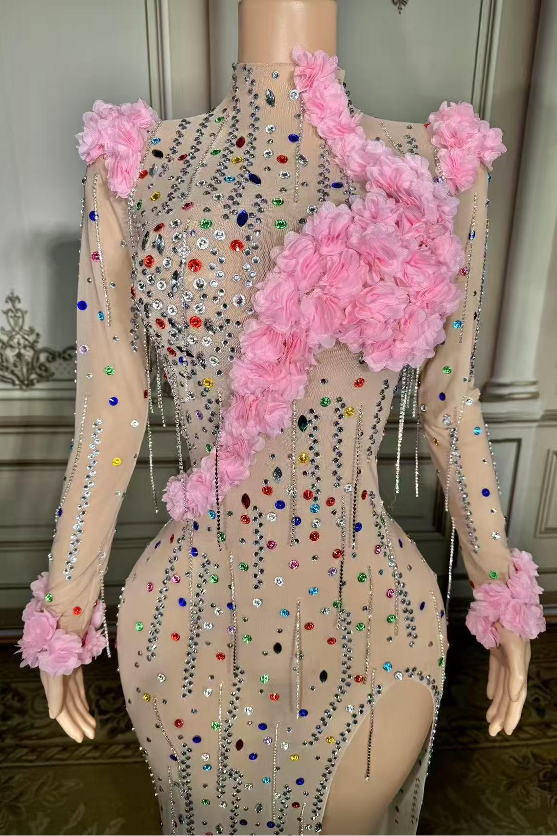 Long Sleeve Tulle Slit Prom Dress with Flower and Rhinestones-babyonlines