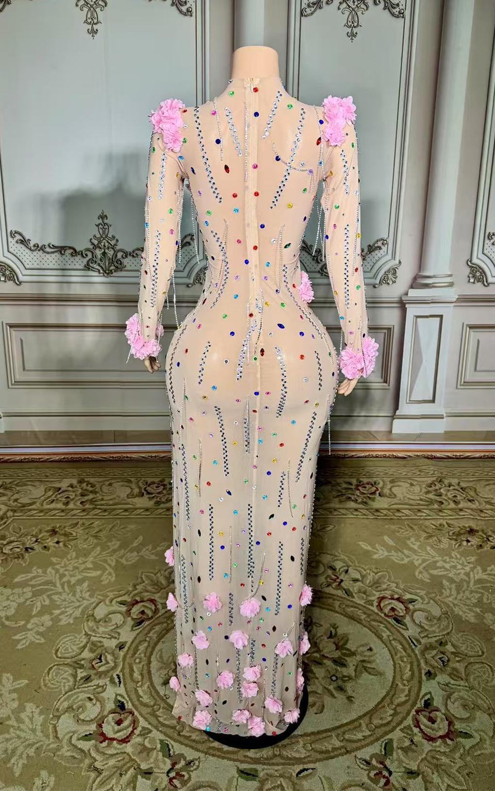 Long Sleeve Tulle Slit Prom Dress with Flower and Rhinestones-babyonlines