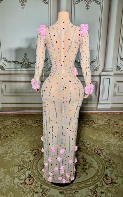 Long Sleeve Tulle Slit Prom Dress with Flower and Rhinestones-babyonlines