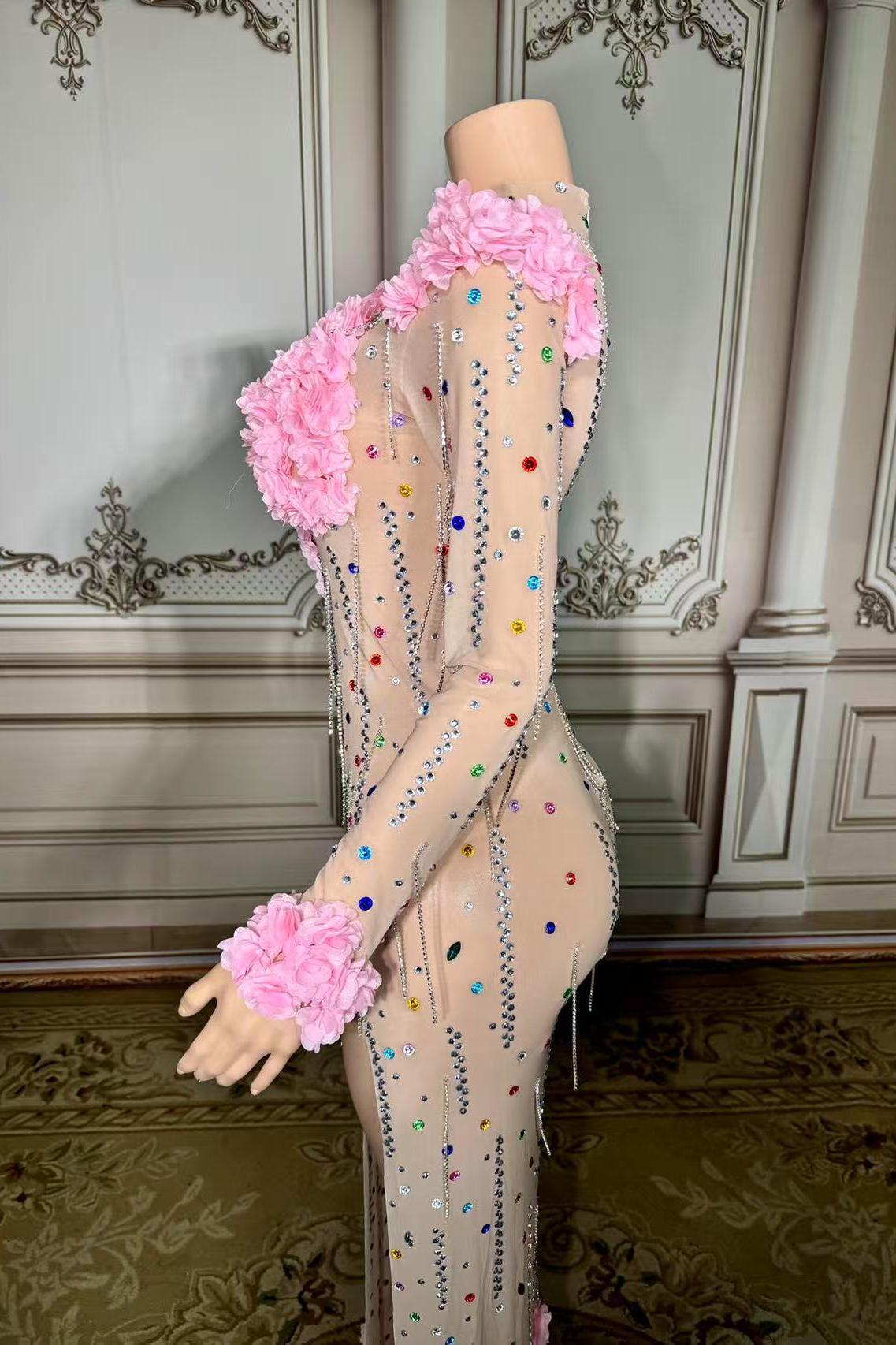 Long Sleeve Tulle Slit Prom Dress with Flower and Rhinestones-babyonlines