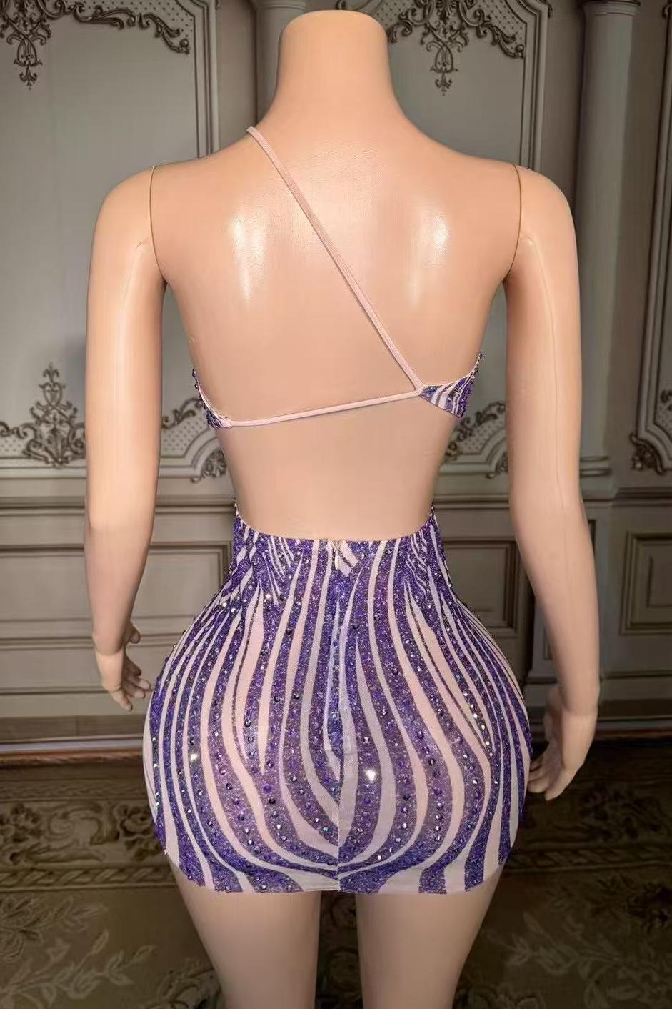 Mini One-Shoulder Purple Zipper Diamond Prom Dress -babyonlines