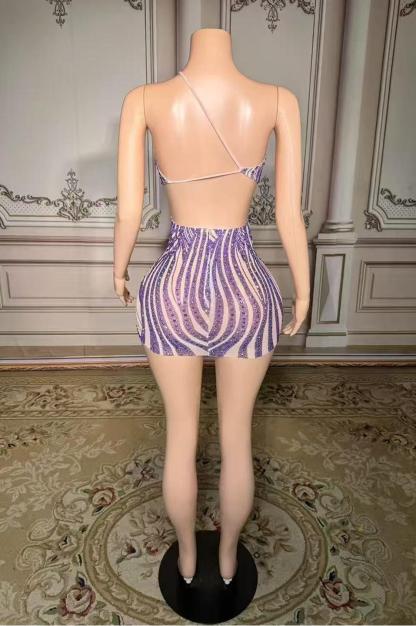 Mini One-Shoulder Purple Zipper Diamond Prom Dress -babyonlines