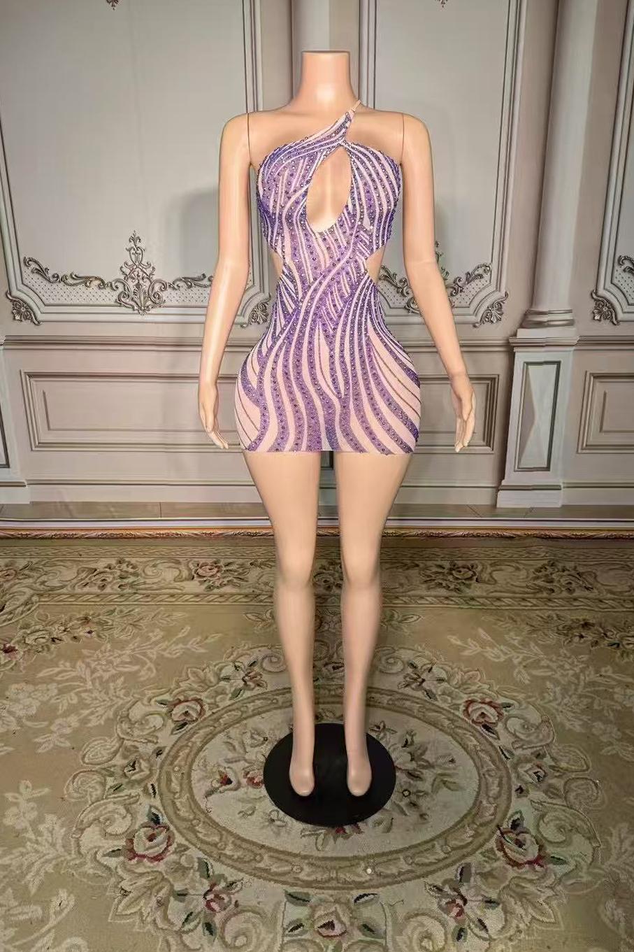 Mini One-Shoulder Purple Zipper Diamond Prom Dress -Bridesmaidress UK