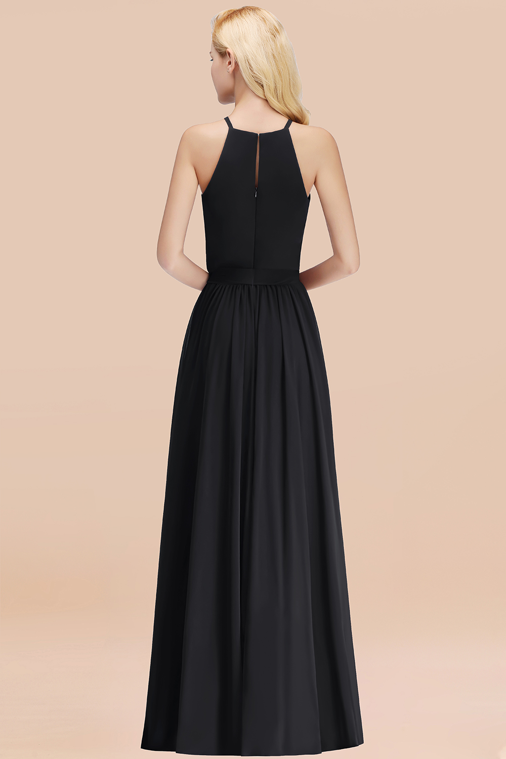 Chic Halter A-line Long Chiffon Bow Black Bridesmaid Dresses