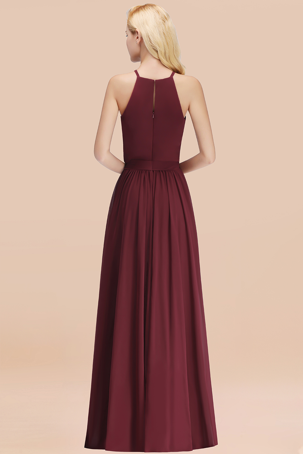 Chic Halter A-line Long Chiffon Bow Burgundy Bridesmaid Dresses