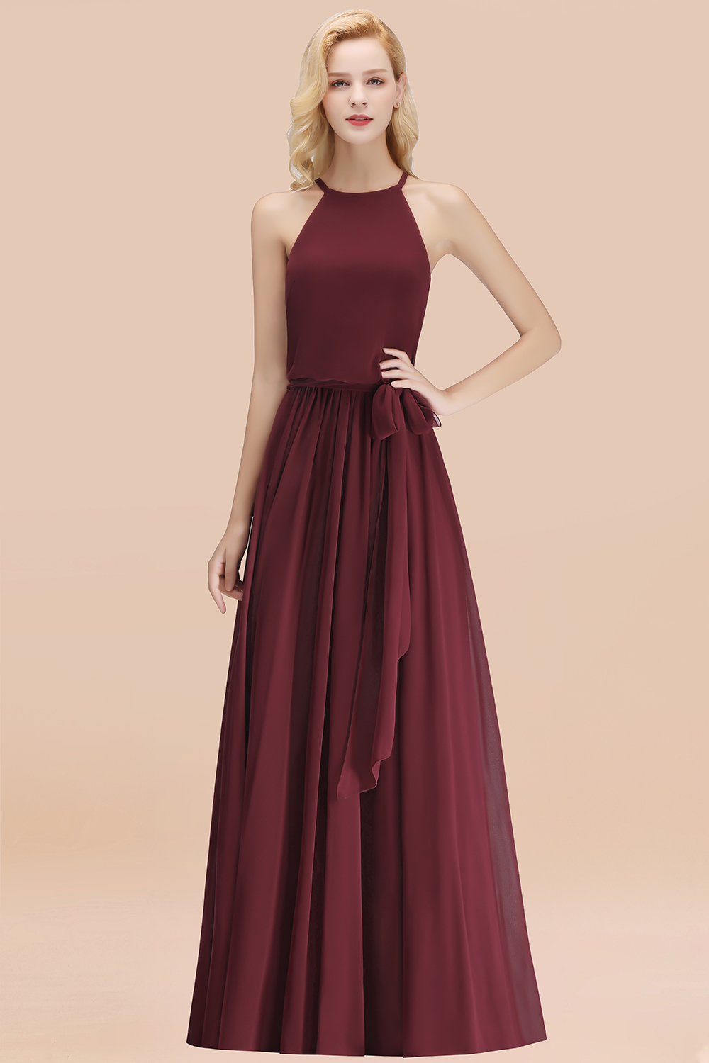 Chic Halter A-line Long Chiffon Bow Burgundy Bridesmaid Dresses