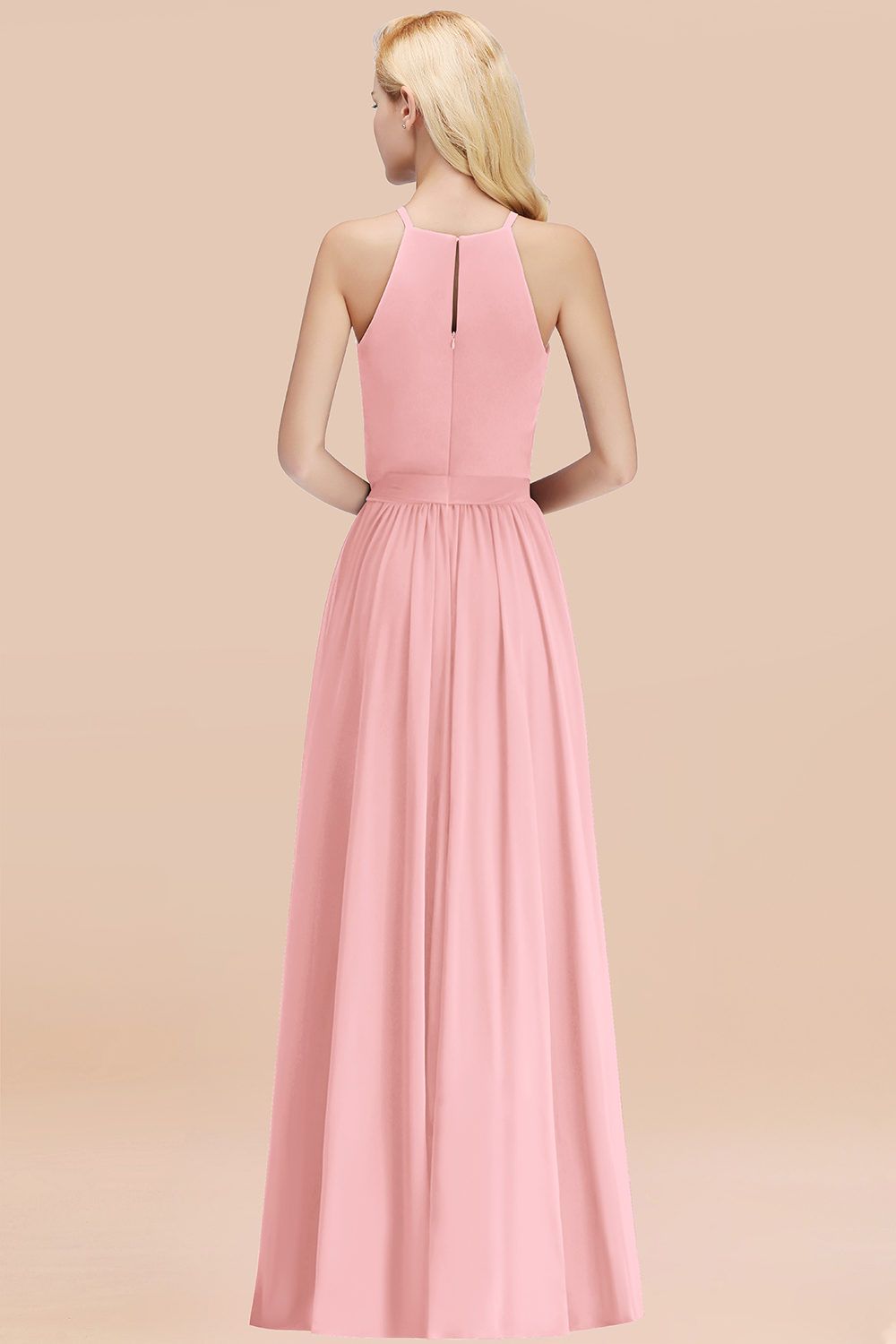 Chic Halter A-line Long Chiffon Bow Candy Pink Bridesmaid Dresses