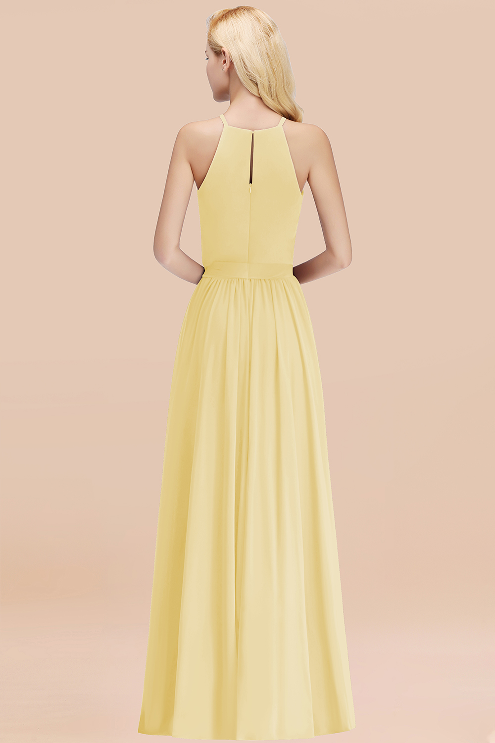 Chic Halter A-line Long Chiffon Bow Daffodil Bridesmaid Dresses