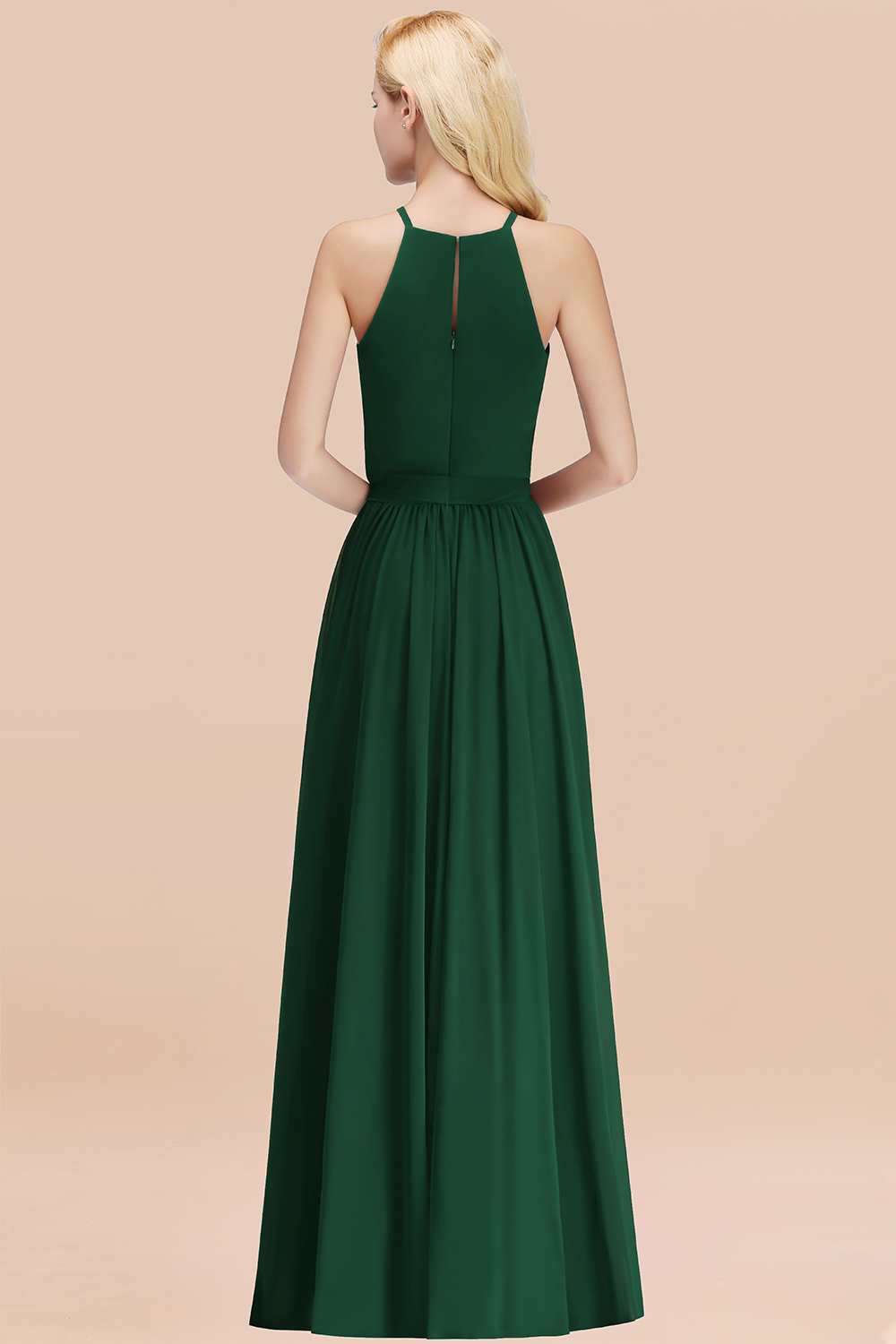 Chic Halter A-line Long Chiffon Bow Dark Green Bridesmaid Dresses