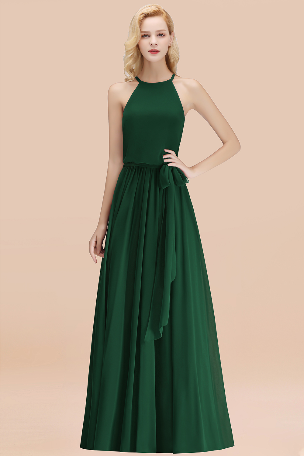 Chic Halter A-line Long Chiffon Bow Dark Green Bridesmaid Dresses
