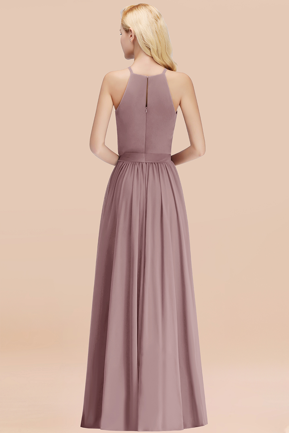 Chic Halter A-line Long Chiffon Bow Dusk Bridesmaid Dresses
