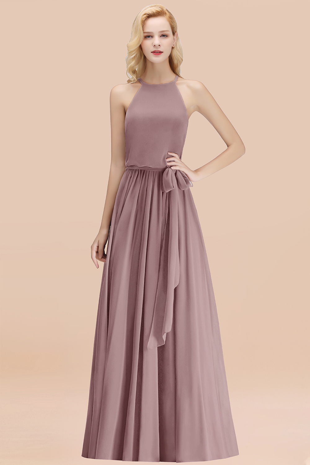 Chic Halter A-line Long Chiffon Bow Dusk Bridesmaid Dresses