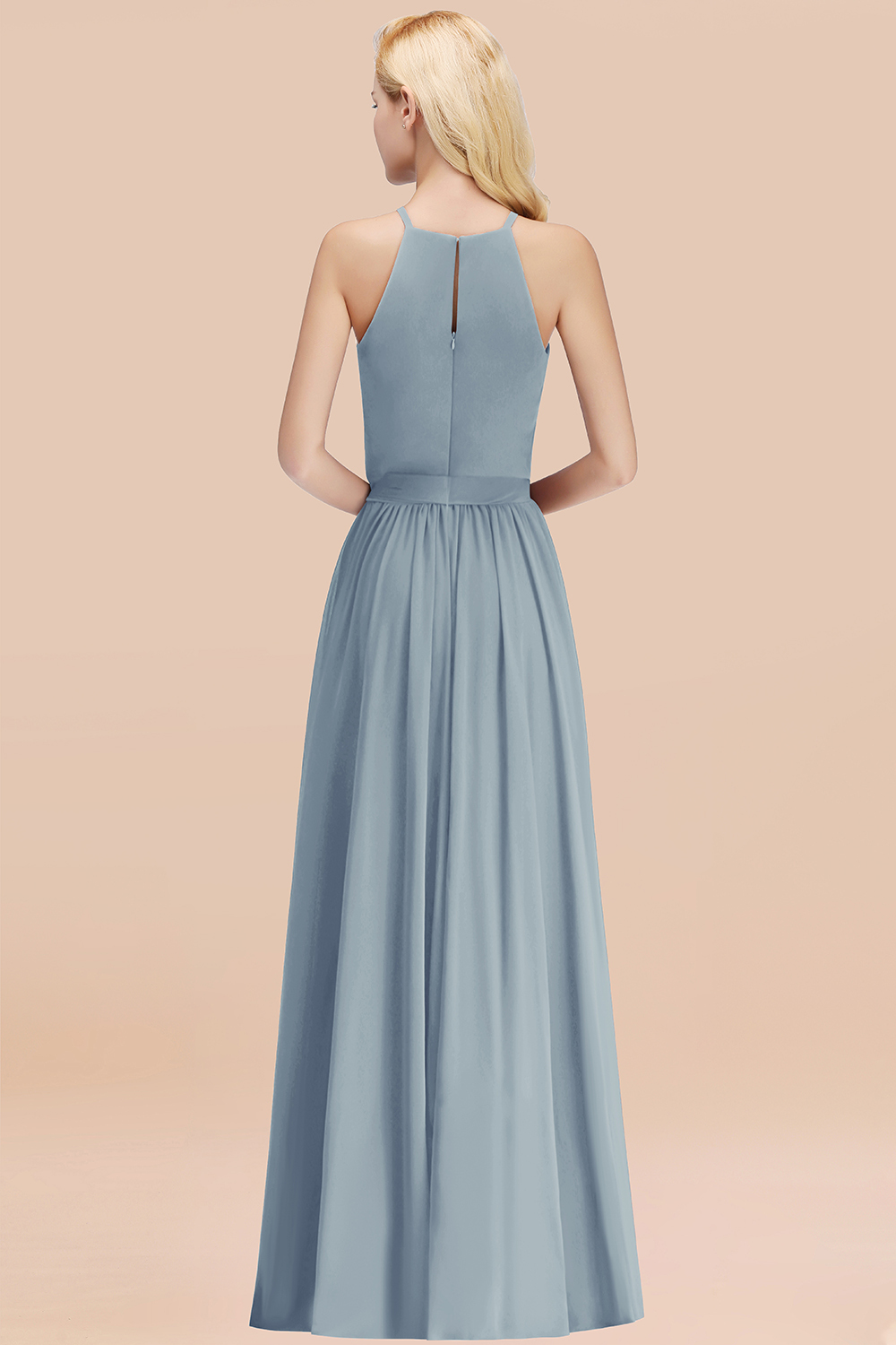 Chic Halter A-line Long Chiffon Bow Dusty Blue Bridesmaid Dresses