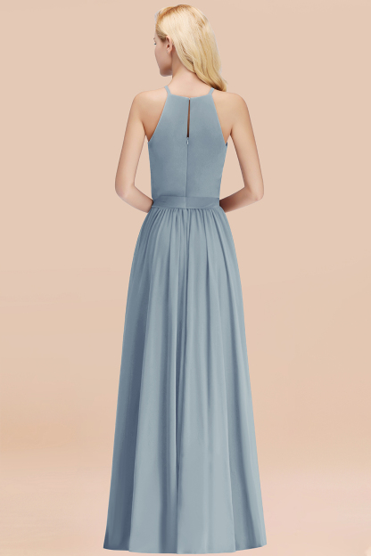 Chic Halter A-line Long Chiffon Bow Dusty Blue Bridesmaid Dresses