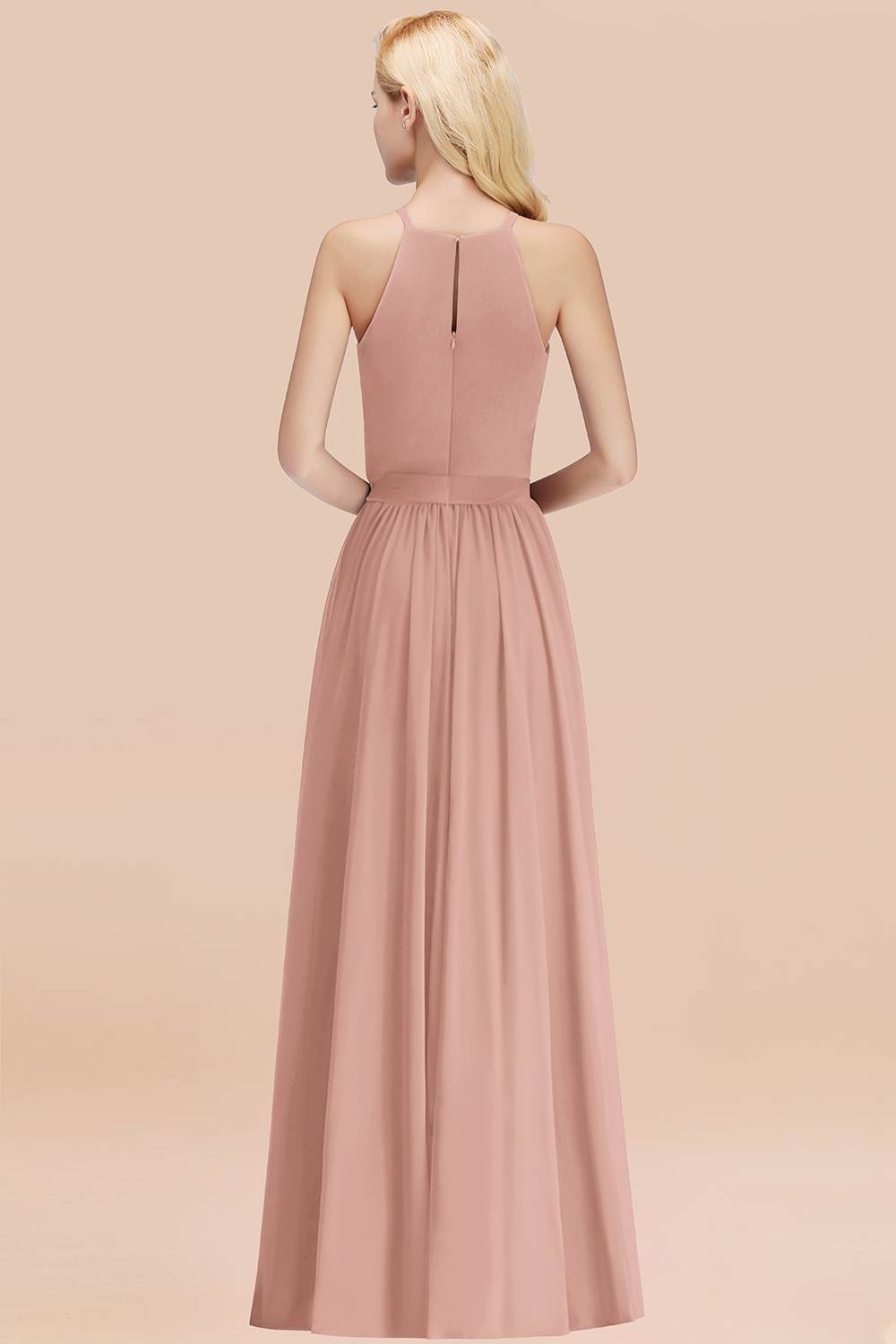 Chic Halter A-line Long Chiffon Bow Dusty Rose Bridesmaid Dresses