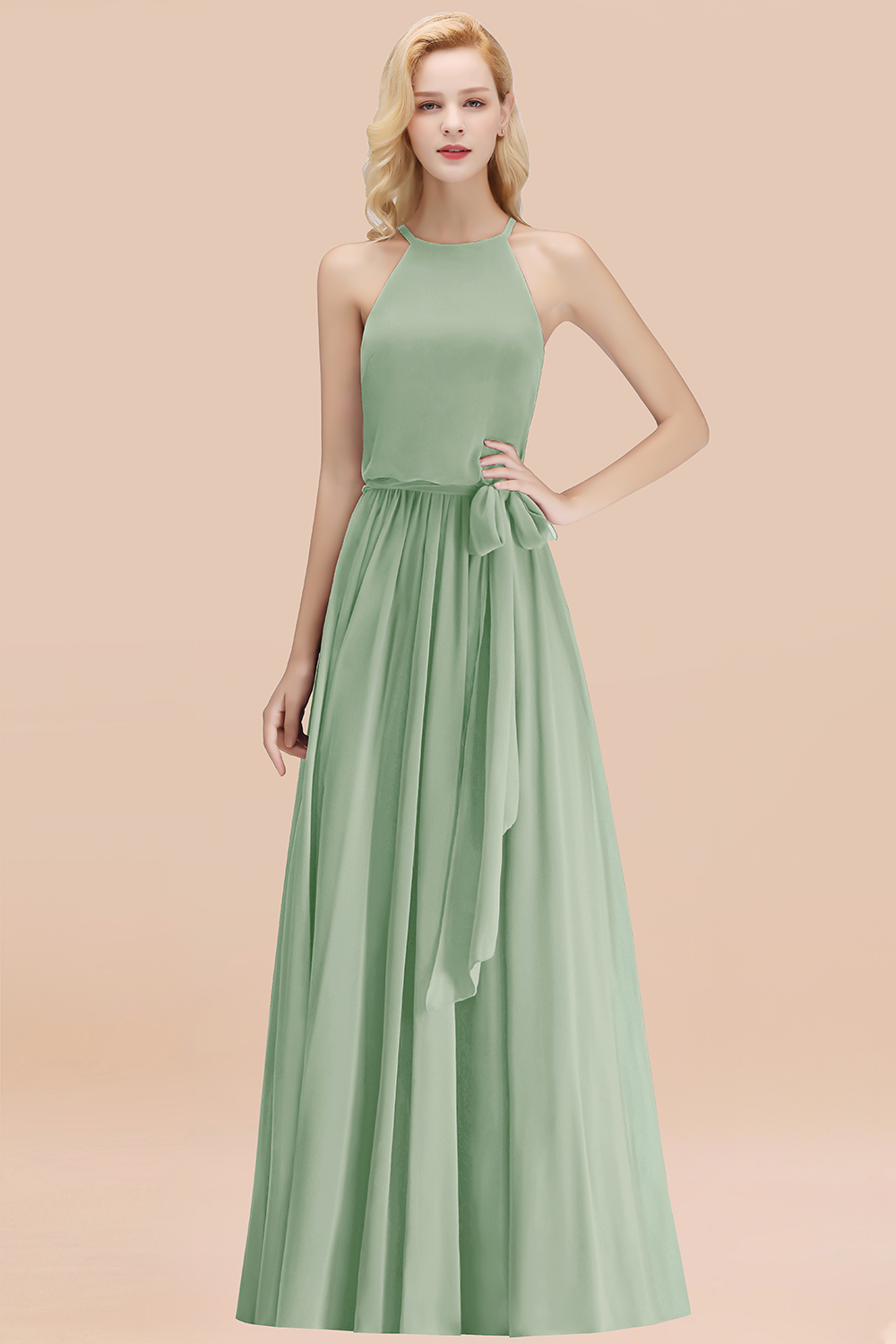 Chic Halter A-line Long Chiffon Bow Dusty Sage Bridesmaid Dresses