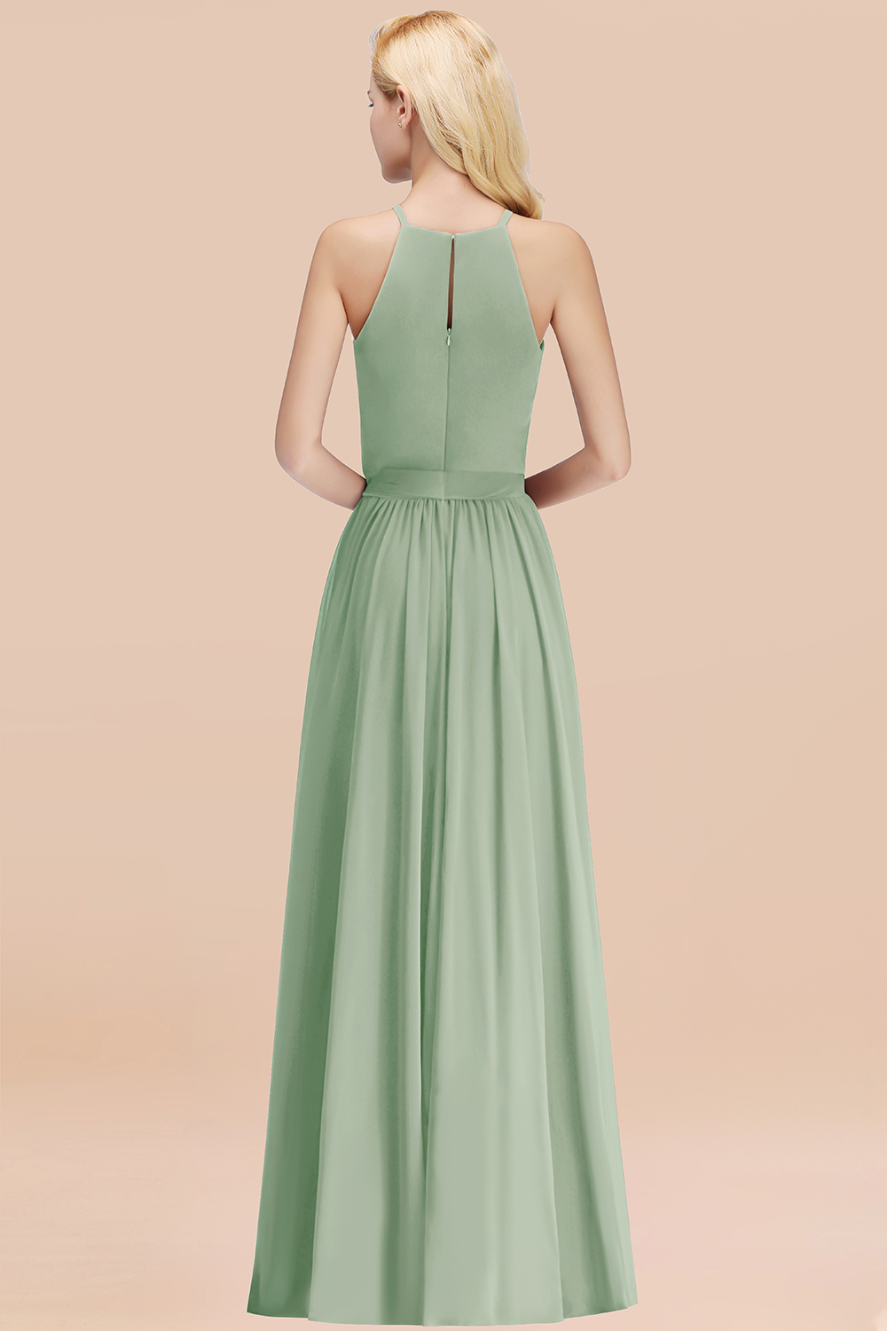 Chic Halter A-line Long Chiffon Bow Dusty Sage Bridesmaid Dresses