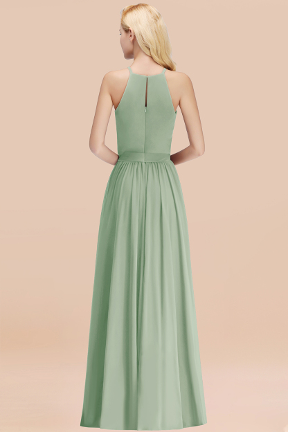 Chic Halter A-line Long Chiffon Bow Dusty Sage Bridesmaid Dresses