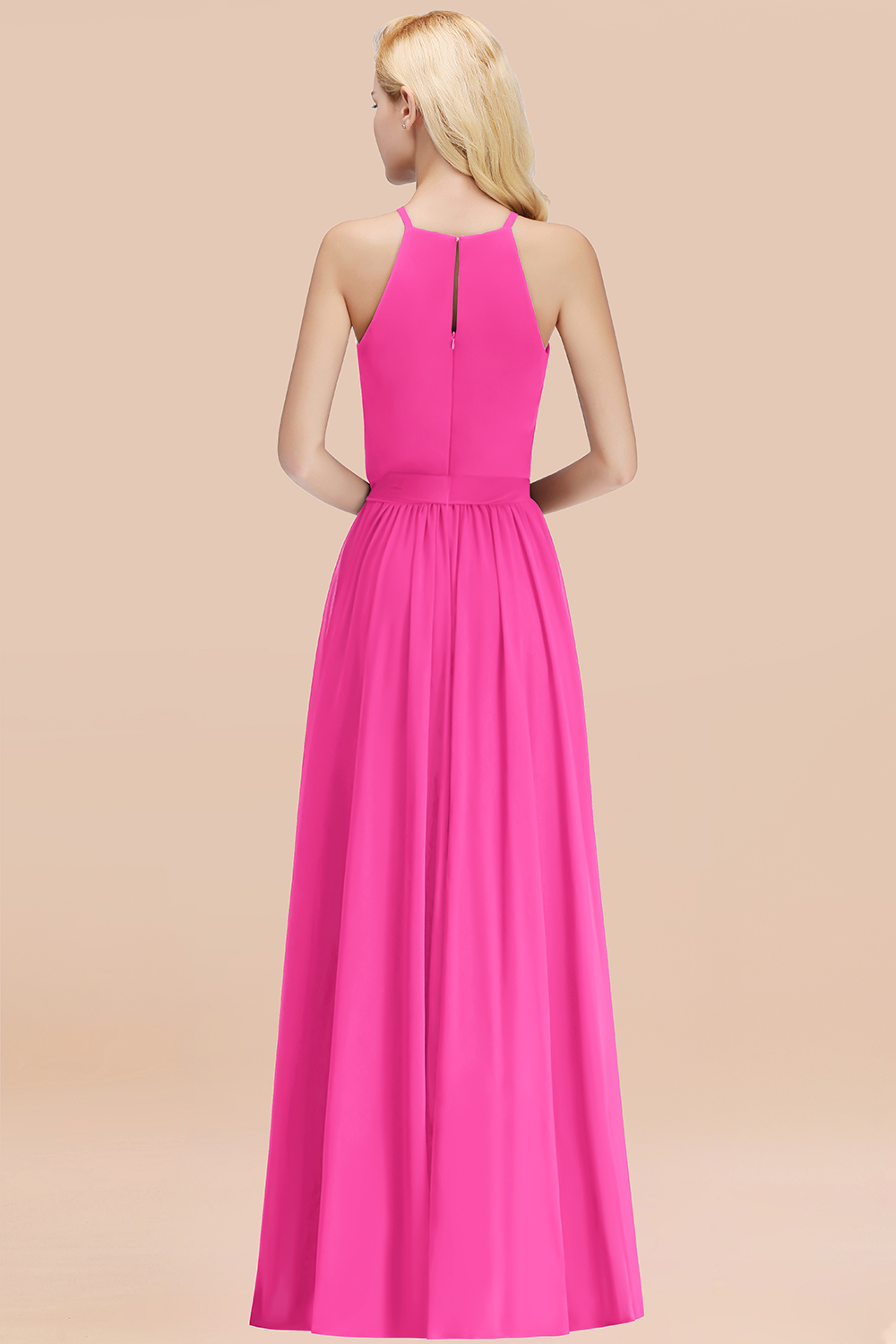 Chic Halter A-line Long Chiffon Bow Fuchsia Bridesmaid Dresses