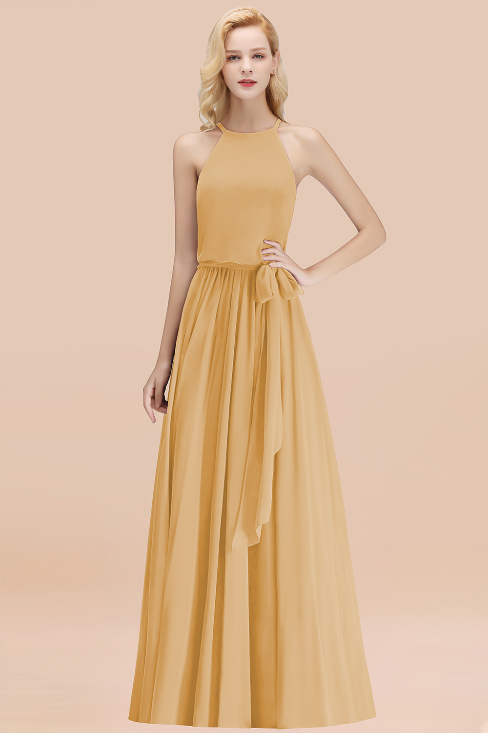 Chic Halter A-line Long Chiffon Bow Gold Bridesmaid Dresses