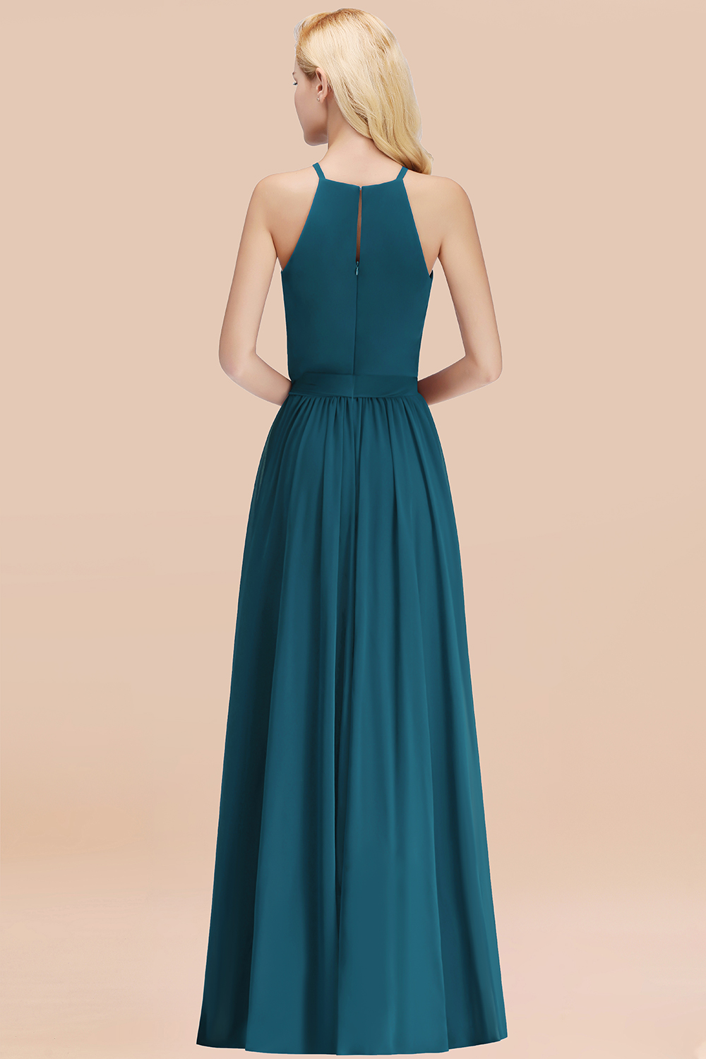 Chic Halter A-line Long Chiffon Bow Ink Blue Bridesmaid Dresses