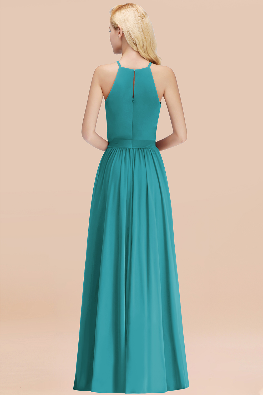 Chic Halter A-line Long Chiffon Bow Jade Bridesmaid Dresses