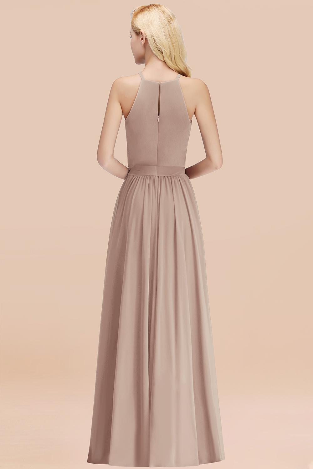 Chic Halter A-line Long Chiffon Bow Khaki Bridesmaid Dresses