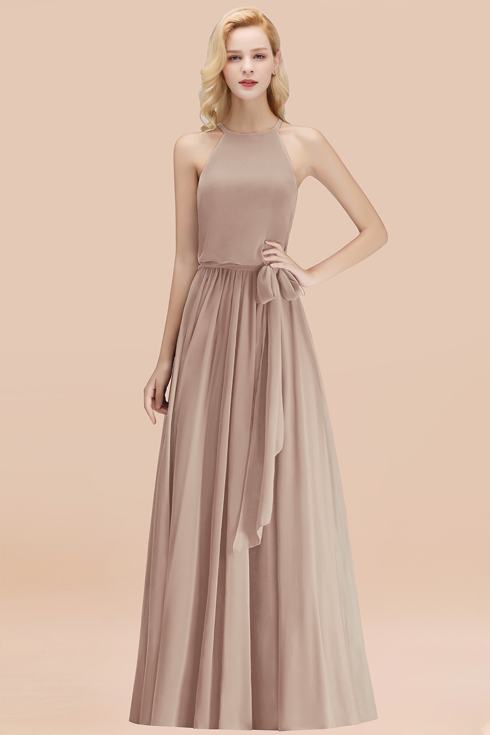 Chic Halter A-line Long Chiffon Bow Khaki Bridesmaid Dresses