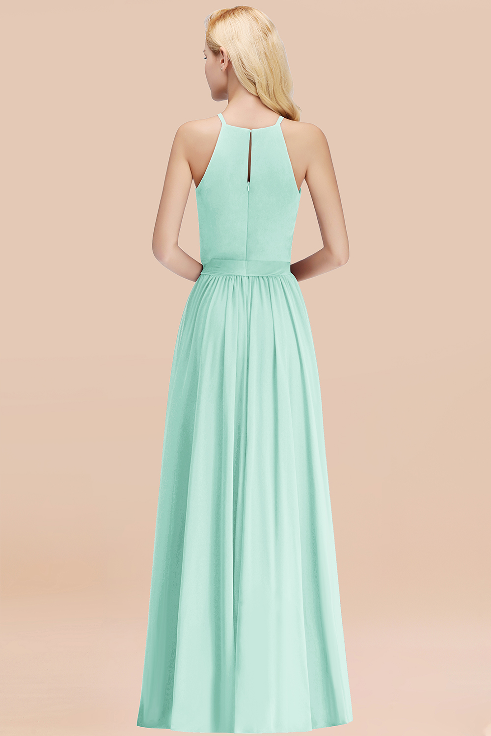 Chic Halter A-line Long Chiffon Bow Mint Bridesmaid Dresses