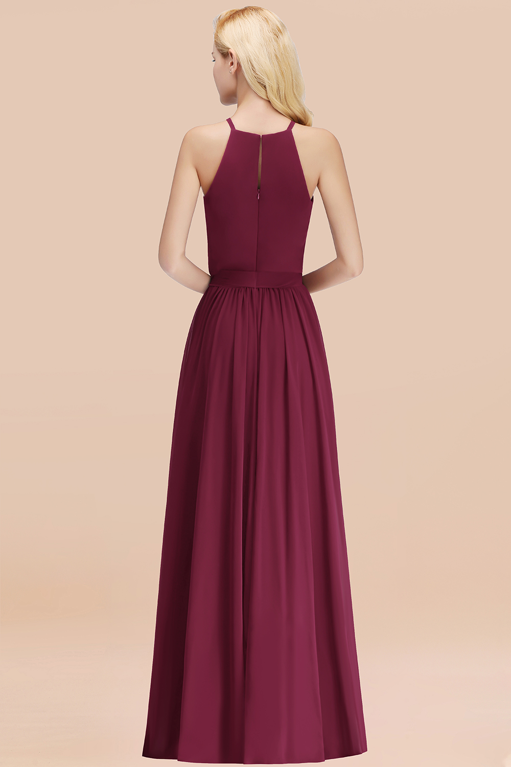 Chic Halter A-line Long Chiffon Bow Mulberry Bridesmaid Dresses