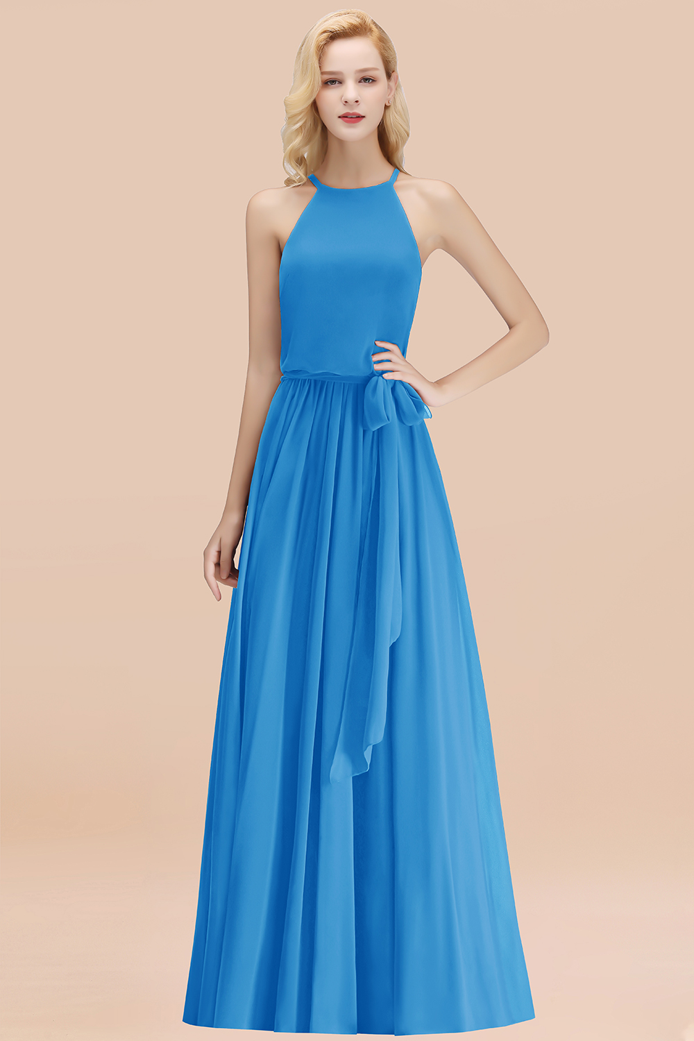 Chic Halter A-line Long Chiffon Bow Ocean Blue Bridesmaid Dresses