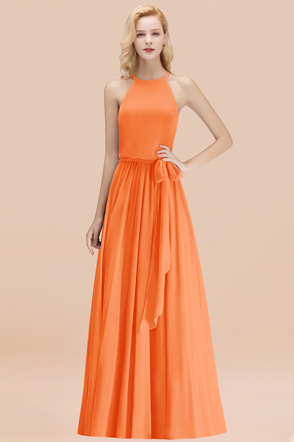 Chic Halter A-line Long Chiffon Bow Orange Bridesmaid Dresses