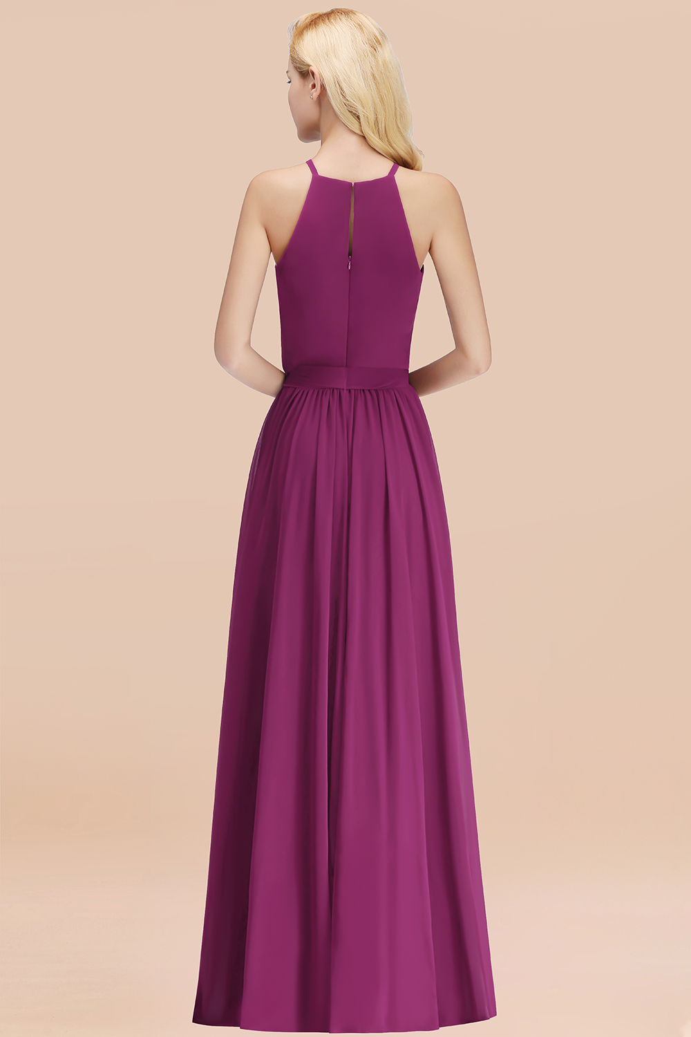 Chic Halter A-line Long Chiffon Bow Orchid Bridesmaid Dresses