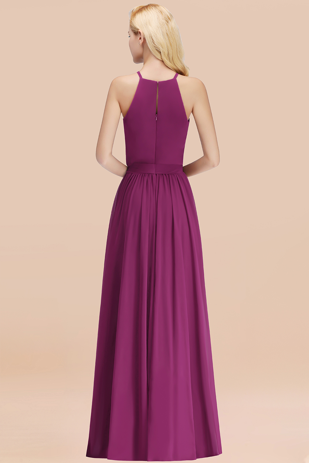 Chic Halter A-line Long Chiffon Bow Orchid Bridesmaid Dresses