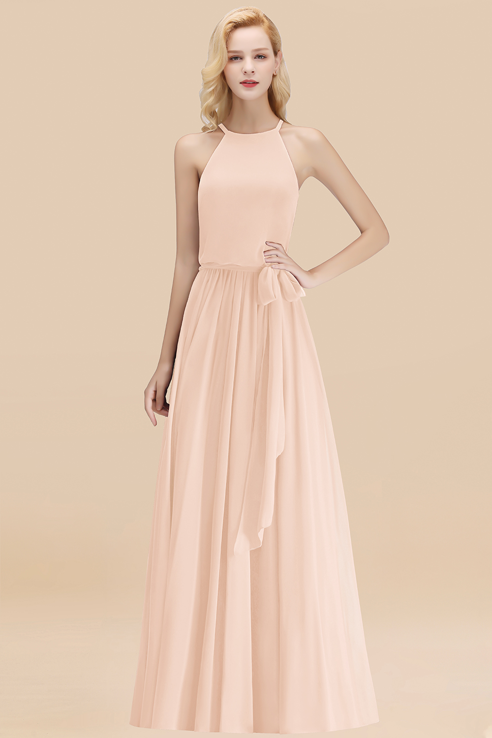 Chic Halter A-line Long Chiffon Bow Pearl Pink Bridesmaid Dresses