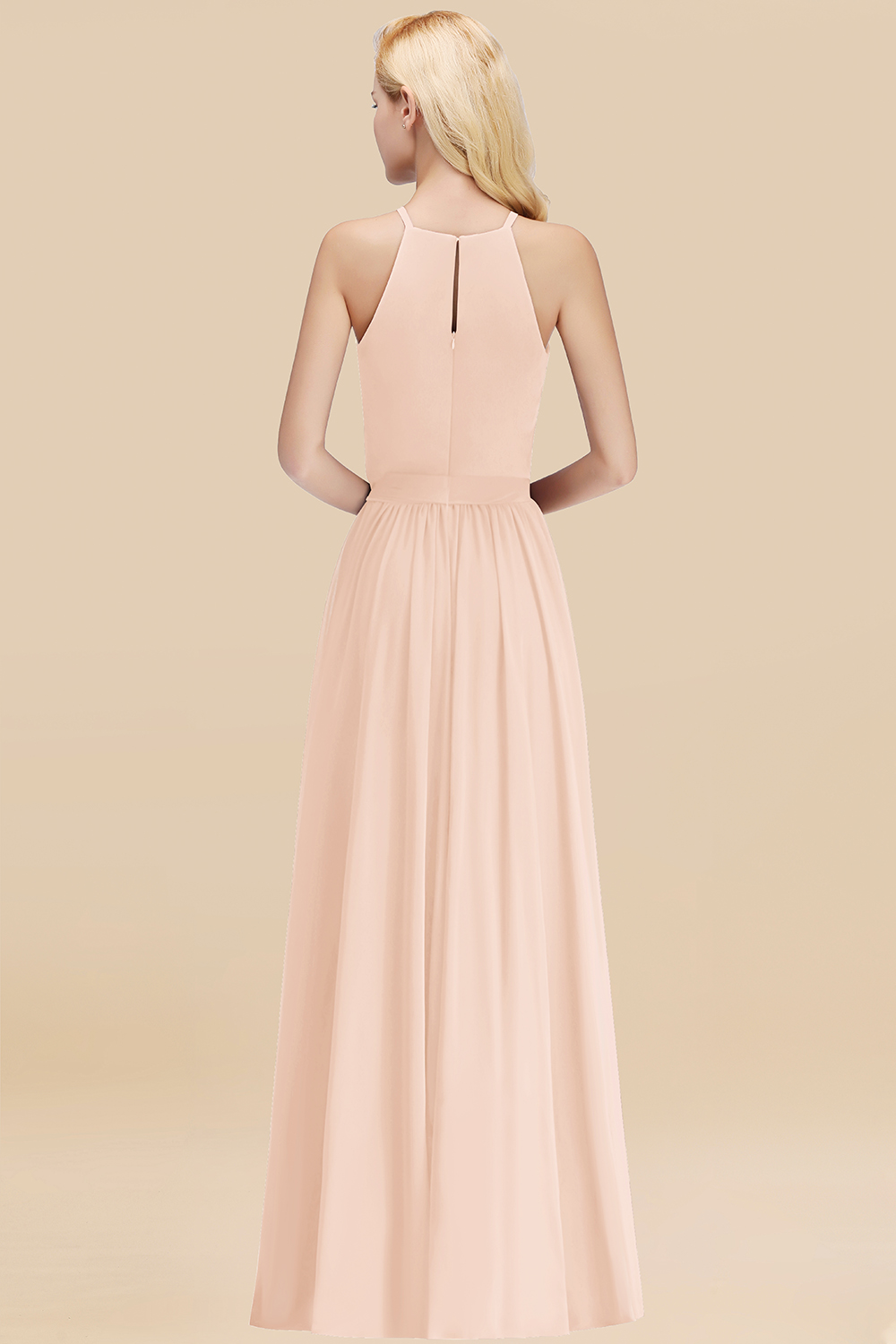 Chic Halter A-line Long Chiffon Bow Pearl Pink Bridesmaid Dresses
