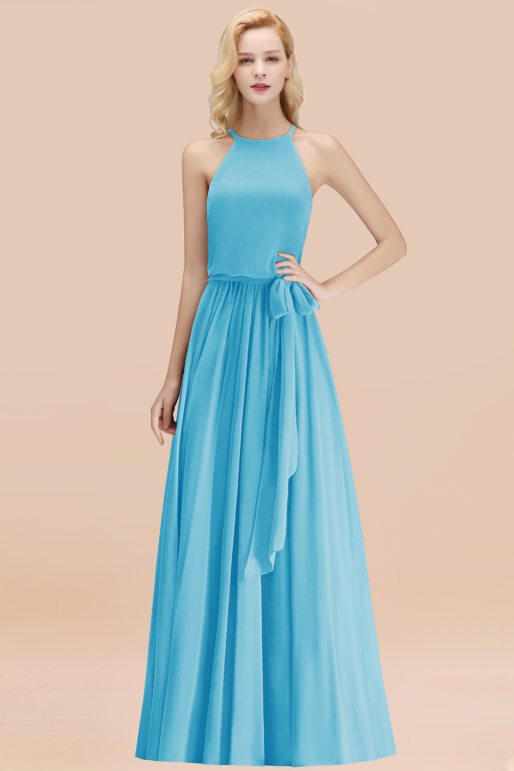 Chic Halter A-line Long Chiffon Bow Pool Bridesmaid Dresses