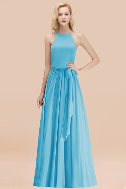 Chic Halter A-line Long Chiffon Bow Pool Bridesmaid Dresses