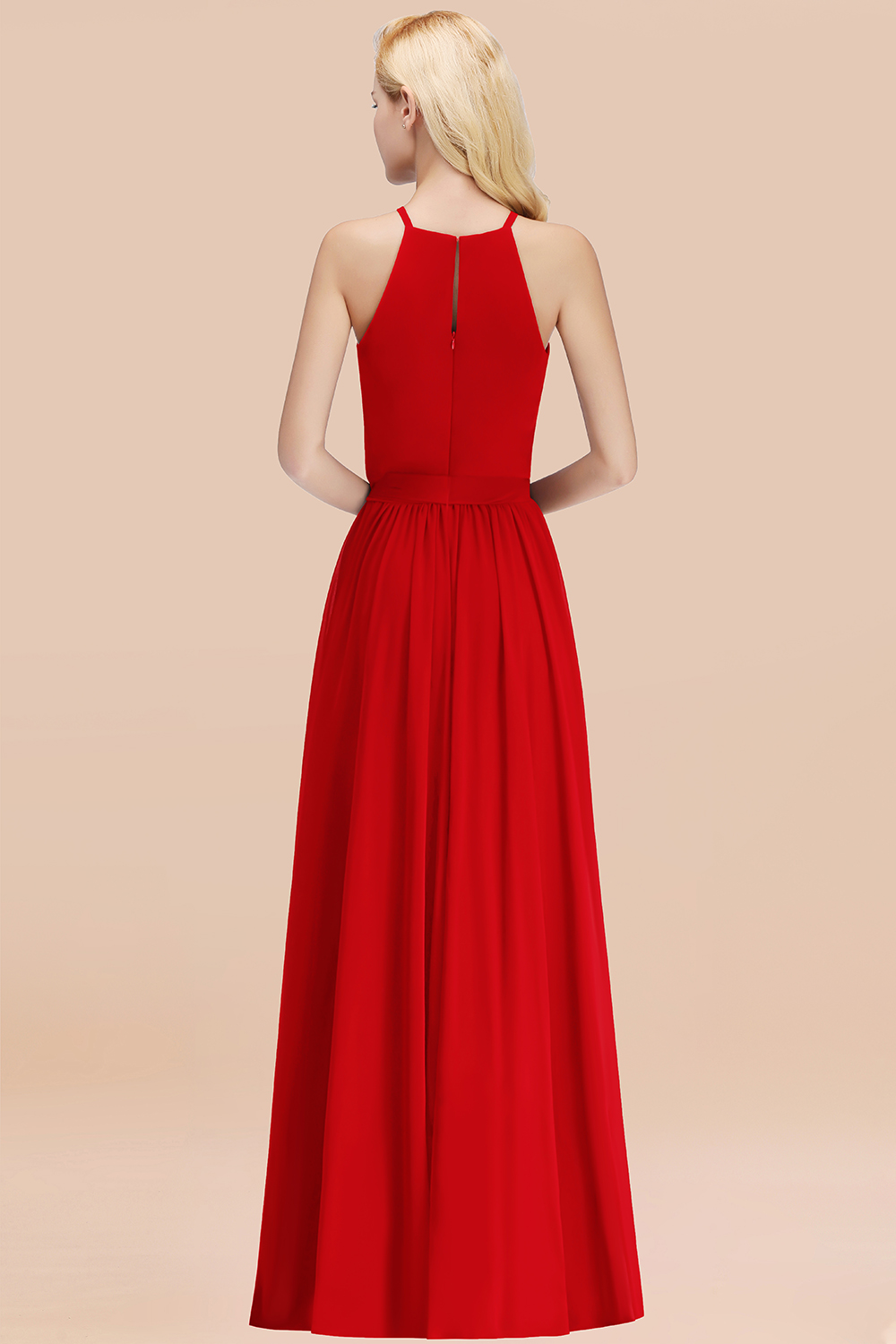Chic Halter A-line Long Chiffon Bow Red Bridesmaid Dresses