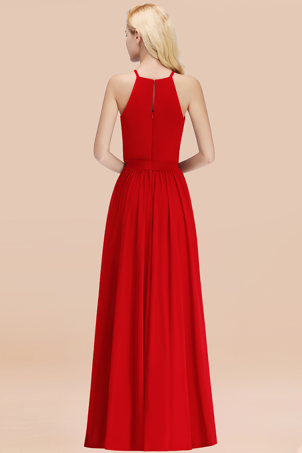 Chic Halter A-line Long Chiffon Bow Red Bridesmaid Dresses