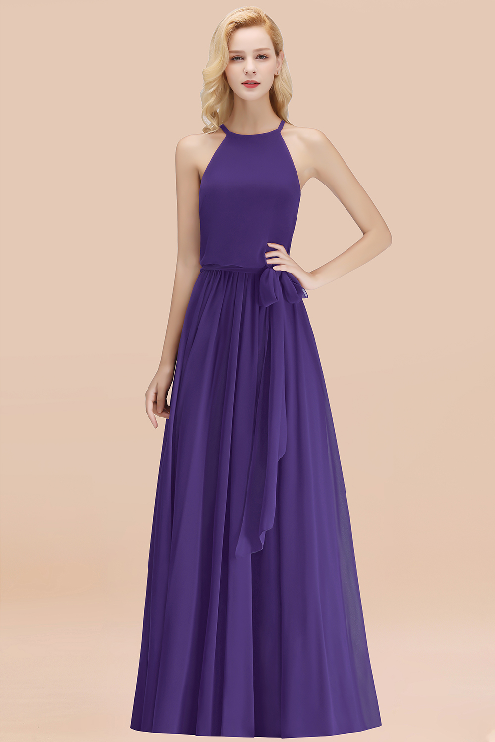 Chic Halter A-line Long Chiffon Bow Regency Bridesmaid Dresses