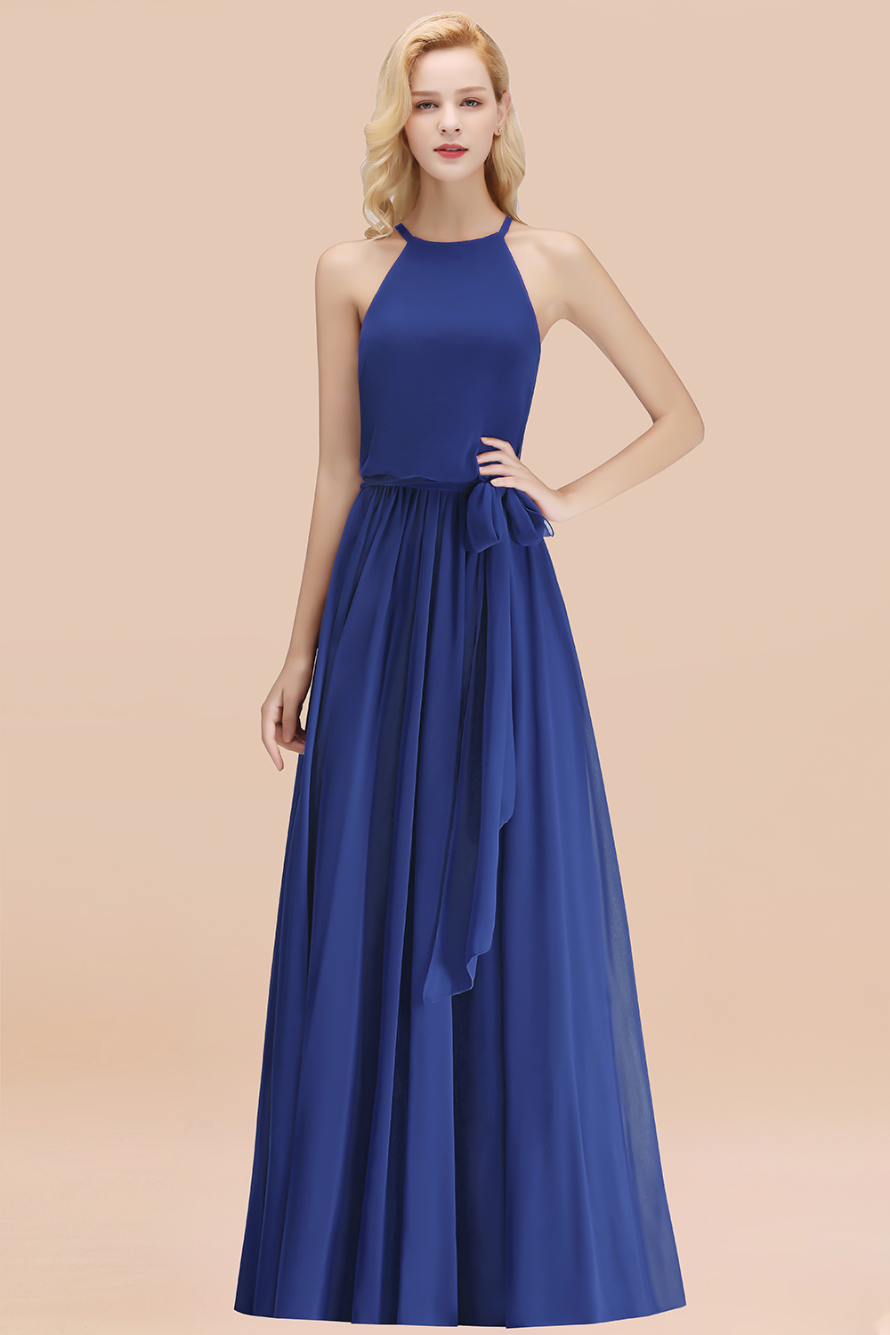 Chic Halter A-line Long Chiffon Bow Royal Blue Bridesmaid Dresses