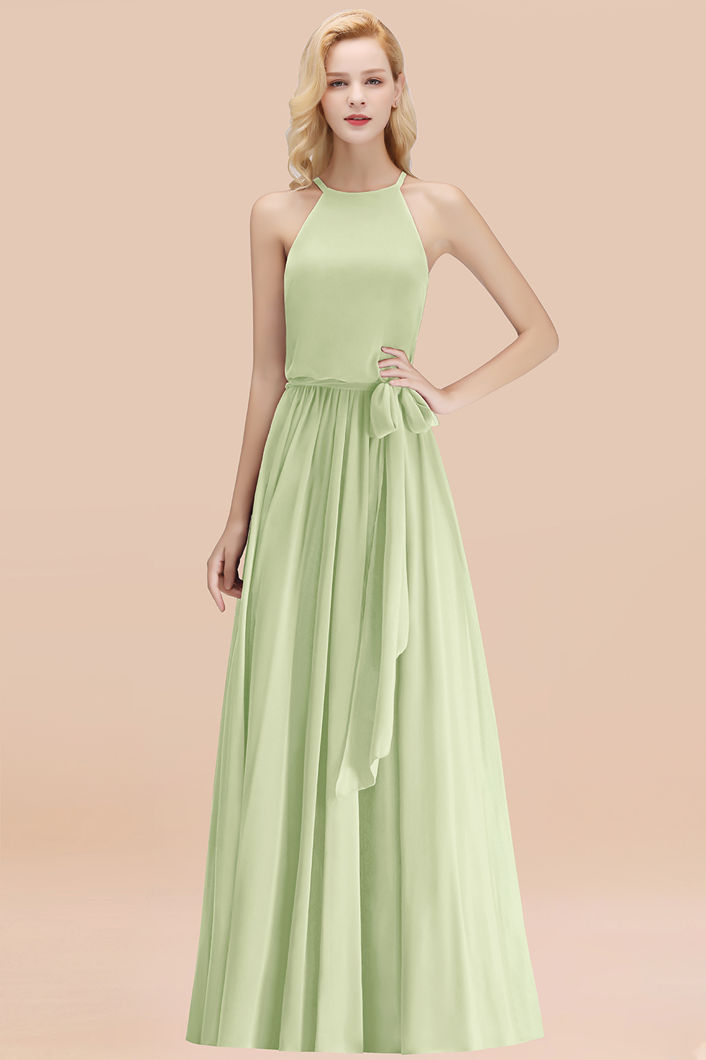 Chic Halter A-line Long Chiffon Bow Sage Bridesmaid Dresses