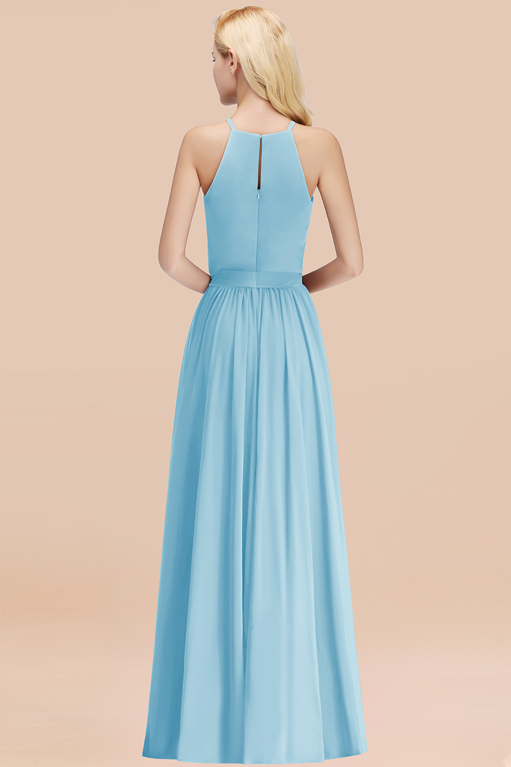 Chic Halter A-line Long Chiffon Bow Sky Blue Bridesmaid Dresses