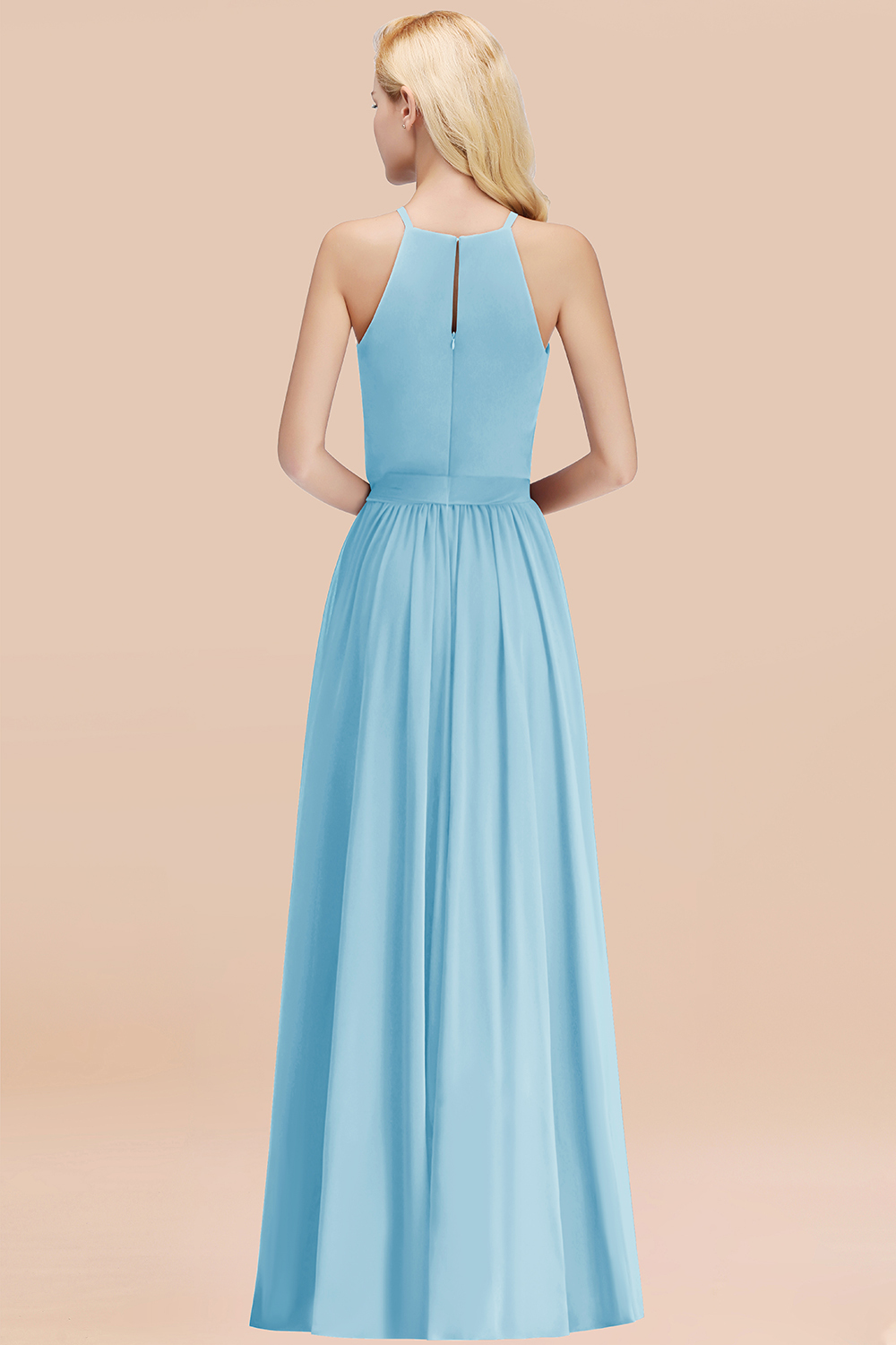 Chic Halter A-line Long Chiffon Bow Sky Blue Bridesmaid Dresses
