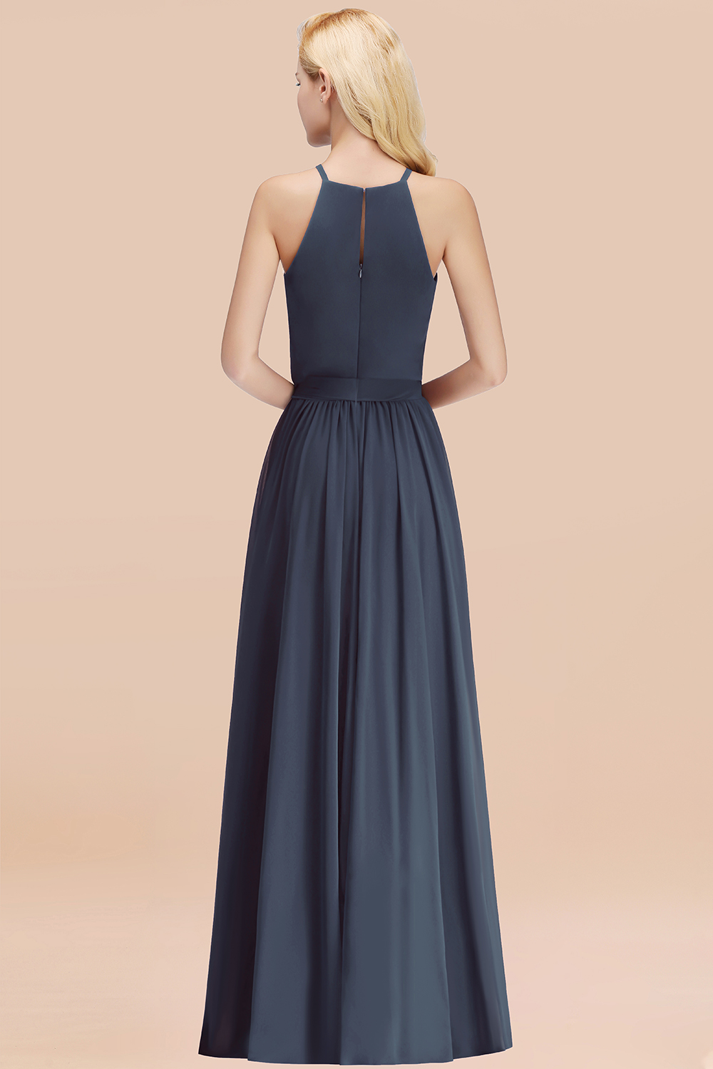 Chic Halter A-line Long Chiffon Bow Stormy Bridesmaid Dresses