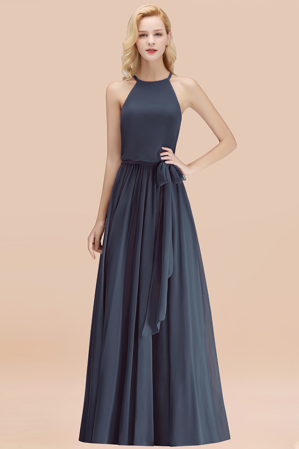 Chic Halter A-line Long Chiffon Bow Stormy Bridesmaid Dresses